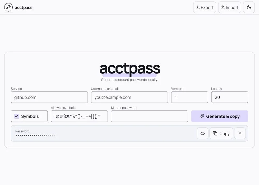 acctpass desktop app showing the local password generator